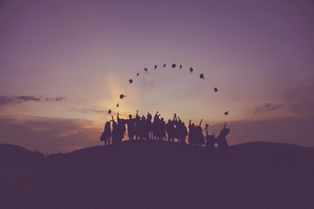 dawn, graduates, throwing hats, dusk, people, silhouette, nature, students, success, sunrise, sunset